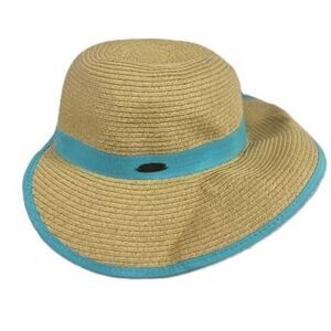 Panama Jack Women’s Straw Sun Hat Turquoise Trim One Size NWOT